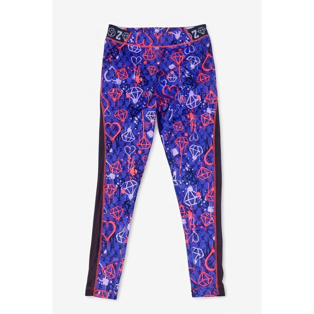 Zumba Womens Capri Leggings Blue And‎ Pink Hearts And Diamonds